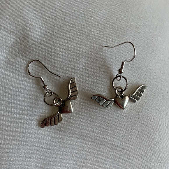 Hearts with wings earrings sterling silver hooks Artisan - Picture 4 of 6